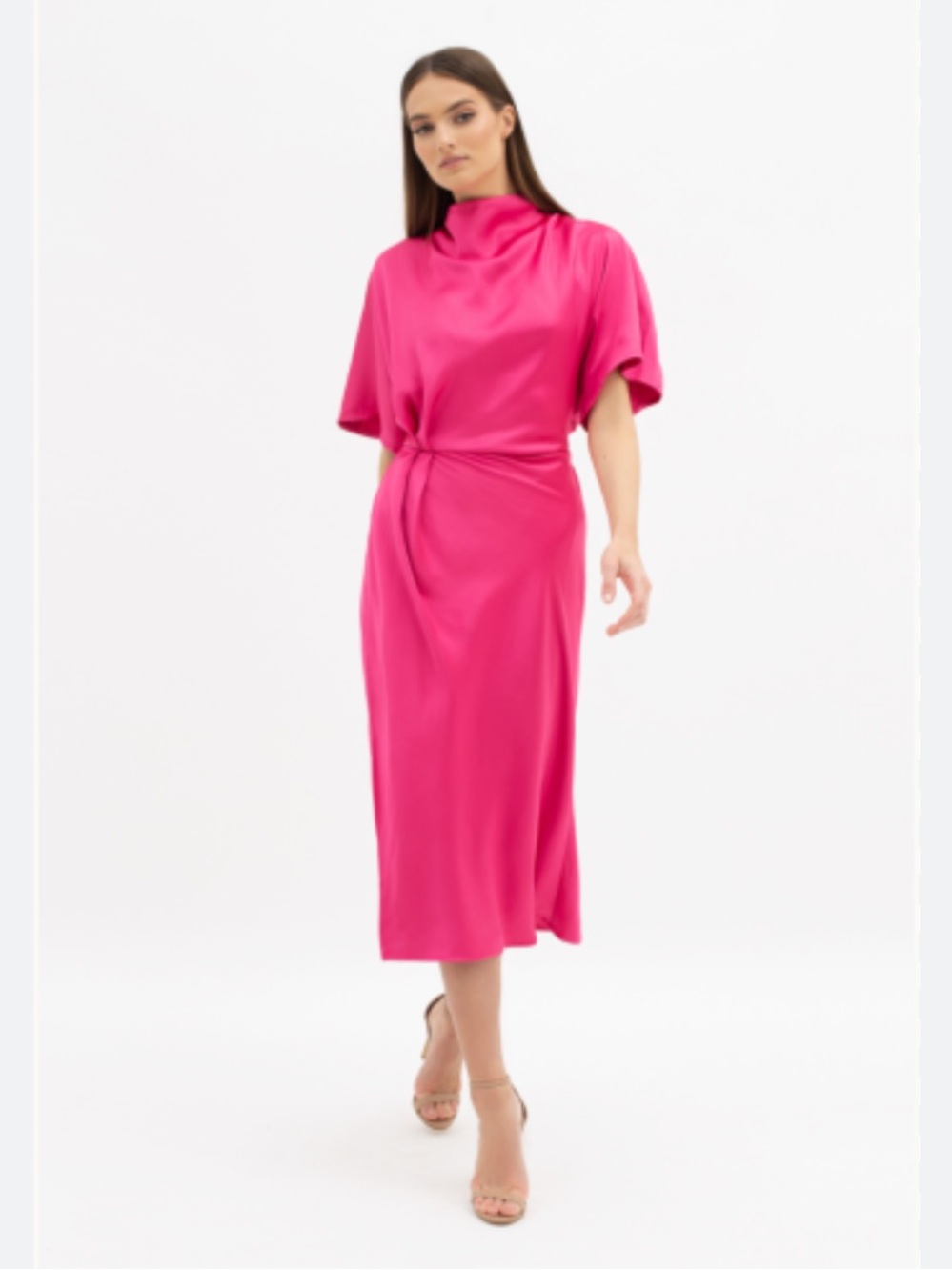 STINE GOYA Hot Pink Satin Midi Dress with Gathered Waist